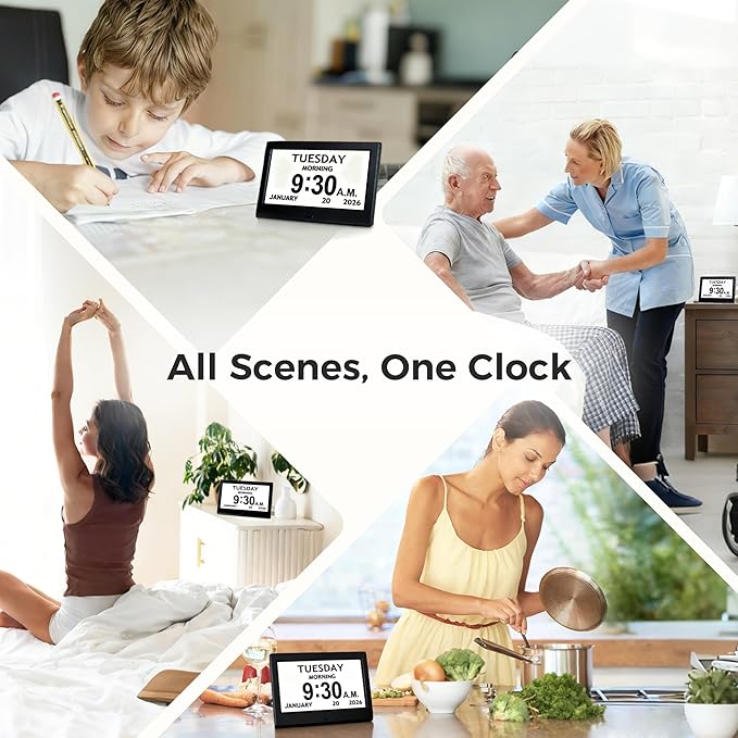 7'' Digital Clock, Dementia Clock With Date And Time, 10 Reminders, 6 Alarms, Auto-Dimming, Auto DST, Remote Control, Large Display Alarm Clock For Seniors, Gifts For People With Dementia, Alzheimers