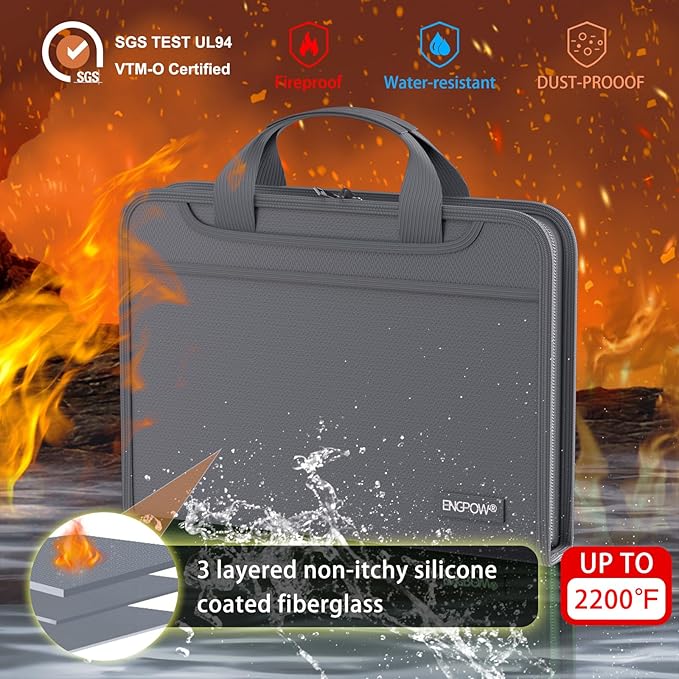 ENGPOW Accordion File Organizer,Fireproof Expanding File Folder with Multi Pockets,13 Pockets Document Organizer Bag with Handle & Labels,Portable Home Travel Safe Storage for Letter A4 Files,Gray