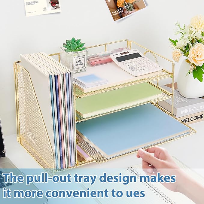 OPNICE 4-Tier Paper Organizer with Magazine Holder, Desk Organizers and Accessories, Office Desk Accessories & Workspace Organizers, Desktop File Organizer for Office Supplies Storage, Gold
