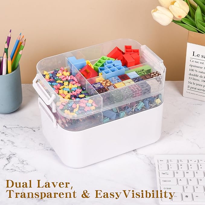 3-Tier Art Supply Storage Container, Stackable Craft Organizer Box with Dividers, Clear Plastic Storage Case for Markers, Toys, Coloring Books (Three-Layer)