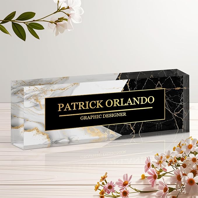 Personalized Name Plate for Desk, Custom Acrylic Desk Name Sign, Office Appreciation Gifts for Women Men Coworkers Boss Teacher Employee (B/W Marble)