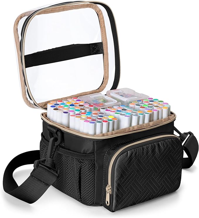Marker Organizer Case for 100 Markers, Marker Storage Organizer Bag with Divider and Shoulder Strap, Marker Travel Carrying Case with 3 Pockets, Black (Patented Design)
