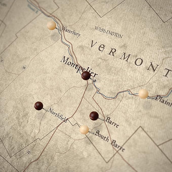 Conquest Maps Push Pin Vermont Map Board - With Push Pins to Mark Vermont Travels - Handmade in Ohio, USA - Design: Rustic Vintage