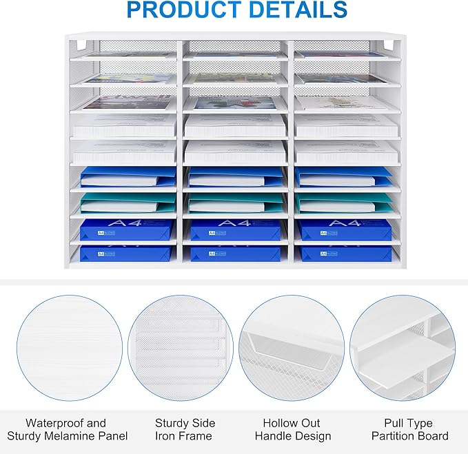 Mail Sorter Adjustable Countertop Mail Holder, Heavy Duty Literature Organizer, Student Mailbox for Classroom, Desktop Bill Paper Organizer for Office Home School, 27 Compartments, White