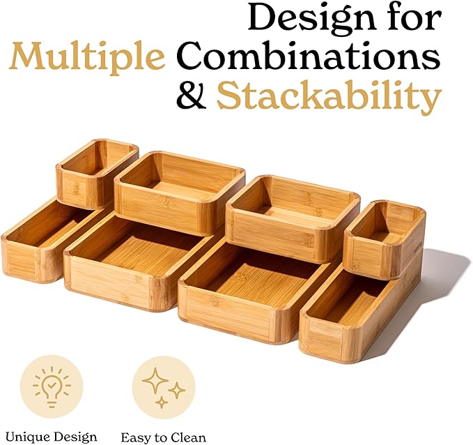 SMIRLY 8-Piece Bamboo Kitchen Drawer Organizer Set for Large and Small Utensils, Multi-use Storage Box - Bathroom, Nightstand, Jewelry, Cutlery, Knife, Spice, Towel, Junk Drawer Tray