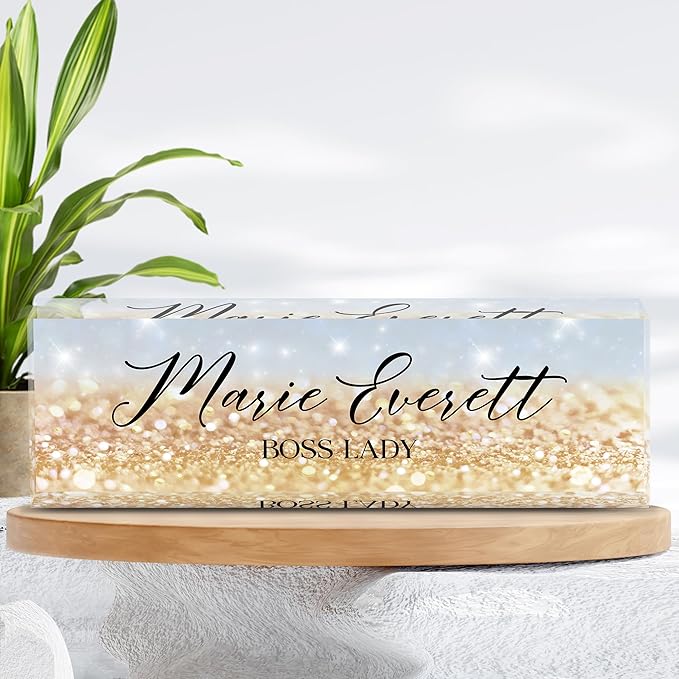 Custom Name Plate for Desk | Personalized Boss Employee Appreciation Gifts | Acrylic Office Accessories (A-Blue Gold Crystal)