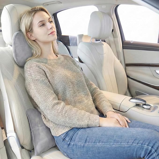 2PCS Car Pillow for Car Neck Pillow for Driving Seat Lumbar Support Soft Cushion with Extra Filling Accessories Back Support for Travel Nap and Trips Sleeping (Grey, Head and Lumbar)