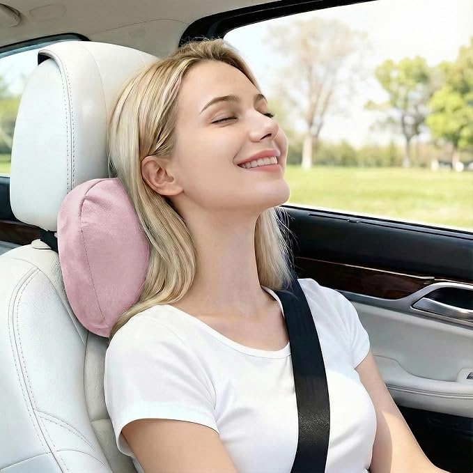 2PCS Car Pillow for Car Neck Pillow for Driving Seat Lumbar Support Soft Cushion with Extra Filling Accessories Back Support for Travel Nap and Trips Sleeping (Light Pink, Head)