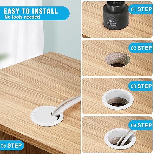 2" Spring Desk Grommet, JTemgle Plastic Cable Hole Cover with Hole Saw Computer Table Cord Wire Organizer Caps Desktop Cord Management for Home Office TV Stands Tabletops - White, 7 Pcs