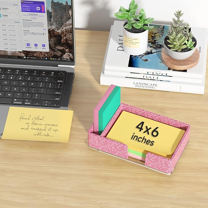 Sticky Note Holder with Pen Slot, Glitter Pink Acrylic Notepad Holder 4x6 in Self-Stick Note Dispenser Office Desk Accessories, Memo Pad Holder Organizer for Classroom School Supplies