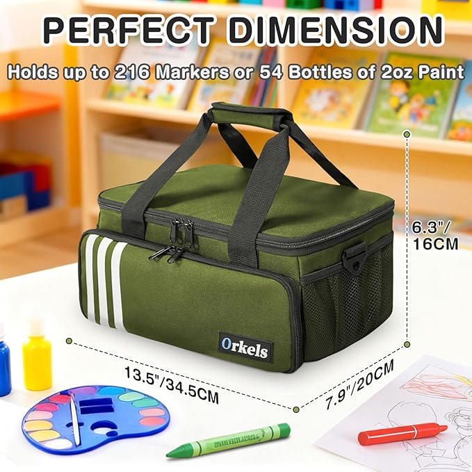 ORKELS Paint and Marker Organizer, Acrylic Paint Storage Bag with Brush and Bottle Holders, Large Marker Carrying Case for Artists, Up to 216 markers or 54 bottles of 2oz acrylic paint (Green)