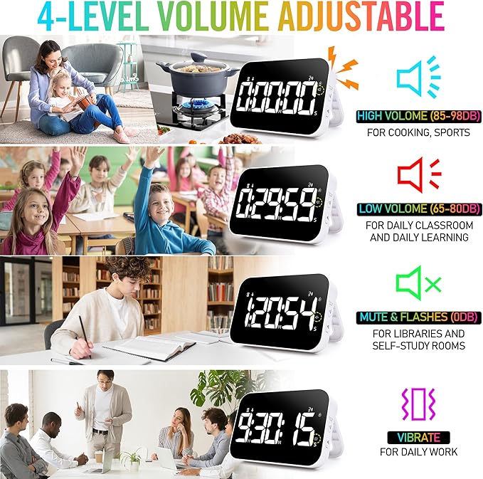 TXL Kitchen Timer for Cooking, Rechargeable Digital Magnetic Timer with Large LED Display, Loud Alarm, Sound Countdown, 4 Volume Levels and 3 Brightness for Classroom, Study (White)