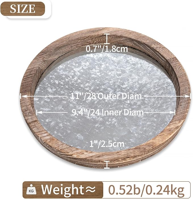 Hanobe Round Wood Decorative Tray: Set of 2 Farmhouse Wooden Galvanized Trays for Coffee Table Centerpiece Rustic Vintage Candle Platter for Ottoman Home Decor Kitchen Bathroom Bar Countertop