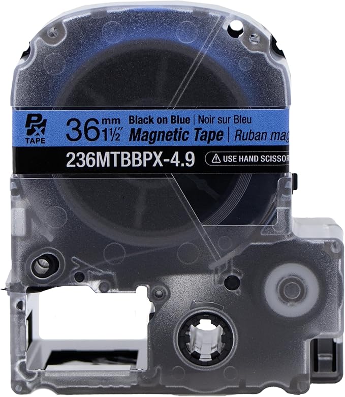 Epson LABELWORKS 236MTBBPX-4.9 Genuine Magnetic Tape Cartridge - Black on Blue Magnet Label Maker Tape - 1.5" (36MM) Wide, 4.9 ft, Blue