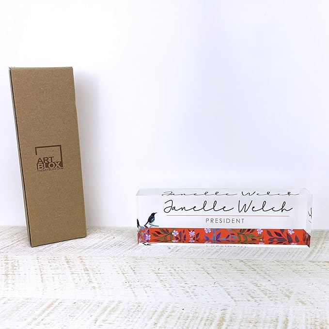 Artblox Office Desk Name Plate Personalized | Custom Name Plates for Desks | Bird Singing Design On Clear Acrylic Glass | Cute Office Desk Accessories Customized Gifts - (8" x 2.5")