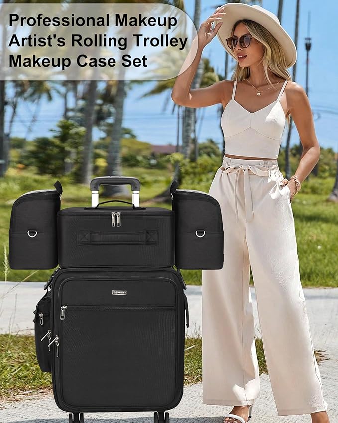 Relavel Rolling Makeup Case Professional Makeup Train Case,Makeup Artist Travel Bag with Wheels,8-in-1 Portable Travel Beauty Trolley Case for Cosmetology Storage(Black)
