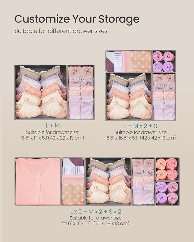 SONGMICS Drawer Organizer, Dresser Drawer Organizers, Set of 12, Foldable Fabric Storage Bins for Socks, Underwear, Bras, Ties, Scarves, Dove Gray URDZ006G02