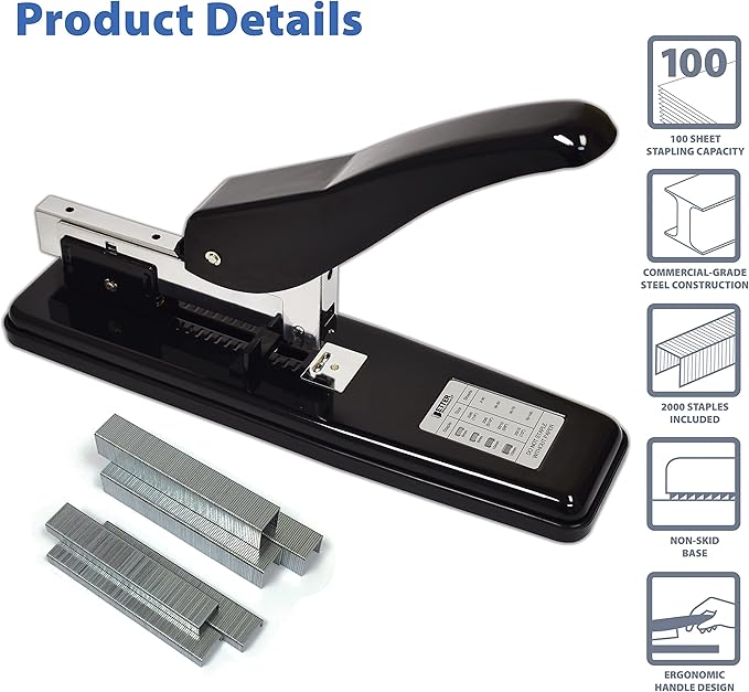 Better Office Products Heavy Duty Commercial Stapler with 2,000 Staples, Black Polished Steel, 100 Sheet High Capacity, Rounded Ergonomic Lever & Weighted Stability Base, Jam Free Large Stapler,