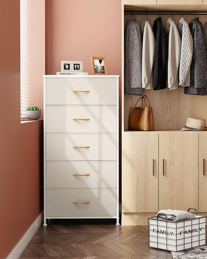 Crestlive Products Vertical Dresser Storage Tower - Sturdy Steel Frame, Wood Top, Easy Pull Fabric Bins - Wide Organizer Unit for Bedroom, Hallway, Entryway, Closets - 5 Drawers(Beige)