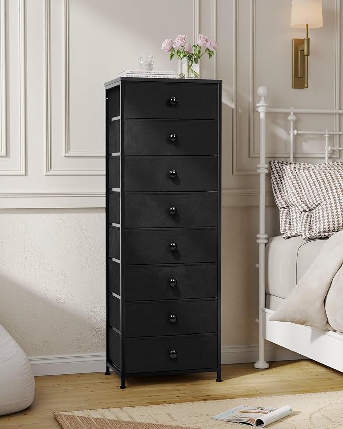 Crestlive Products Tall Dresser, 8-Drawer Fabirc Storage Tower, Chests of Drawers - Vertical Organizer Unit for Bedroom, Hallway, Entryway, Nursery, Closets - Steel Frame, Wood Top & Handles (Black)