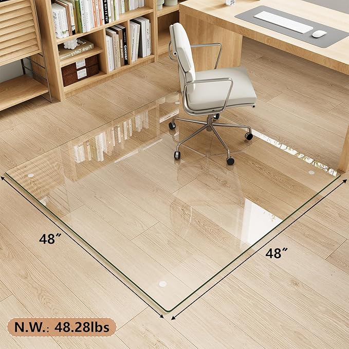 Tempered Glass Chair Mat for Carpet & Hard Floor, 48"x48" Office Chair Mat - Heavy Duty & Scratch Resistant, Non-Slip Pads, Rounded Corners & Polished Edges