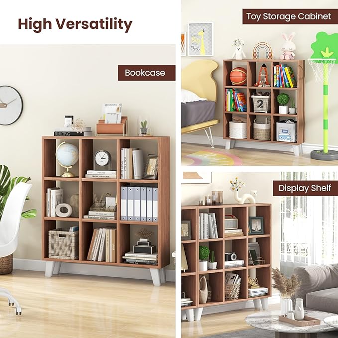 Giantex 9-Cube Open Bookcase, 3-Tier Freestanding Bookshelf with 4 Slanted Legs & 6 Removable Shelves, Modern Cubby Storage Organizer, Wood Display Book Shelf for Living Room Bedroom Study, Brown