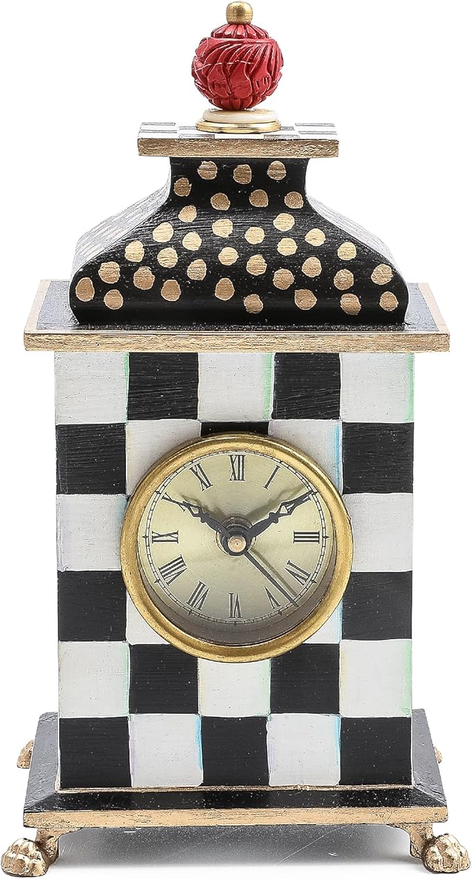 MACKENZIE-CHILDS Desk Clock, Decorative Wood Clock for Kitchen and Living Room, Black-and-White Courtly Check