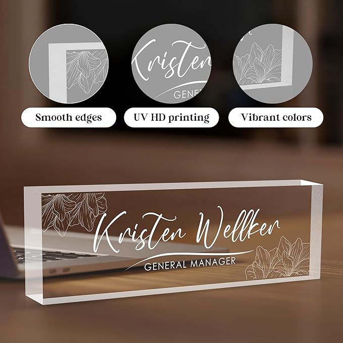 Custom Office Name Plate for Desk, Desk Name Plate Personalized, Personalized Gifts for Women, Appreciation Gifts for Employee Coworkers Boss Teacher, Office Accessories (Engrave Flowers)