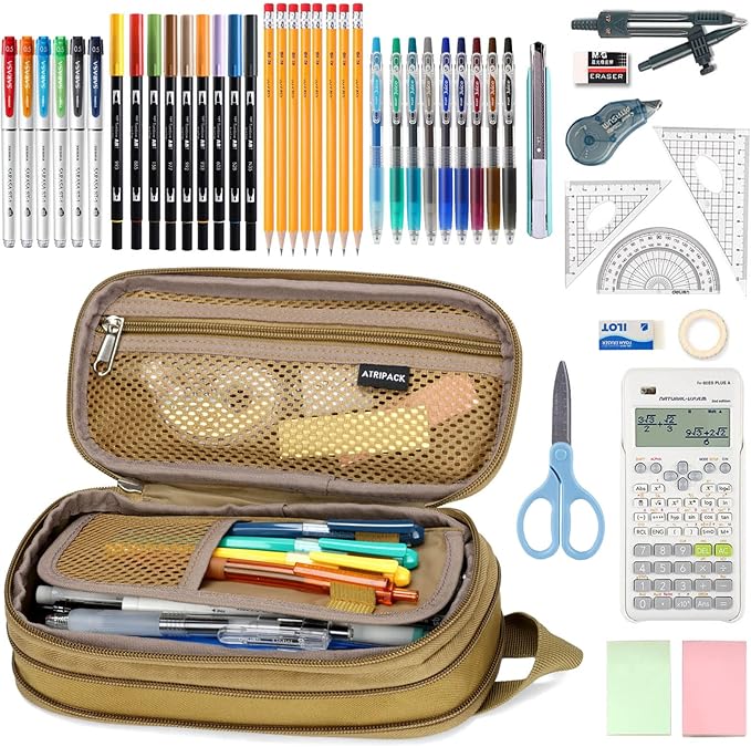 ATRIPACK Pencil Case Big Capacity High Large Storage Tactical Small Tool Pouch Bag Marker Pen Case Stationery Bag Travel Holder School College Office Organizer for Kids Men Women Adult Teens (Brown)