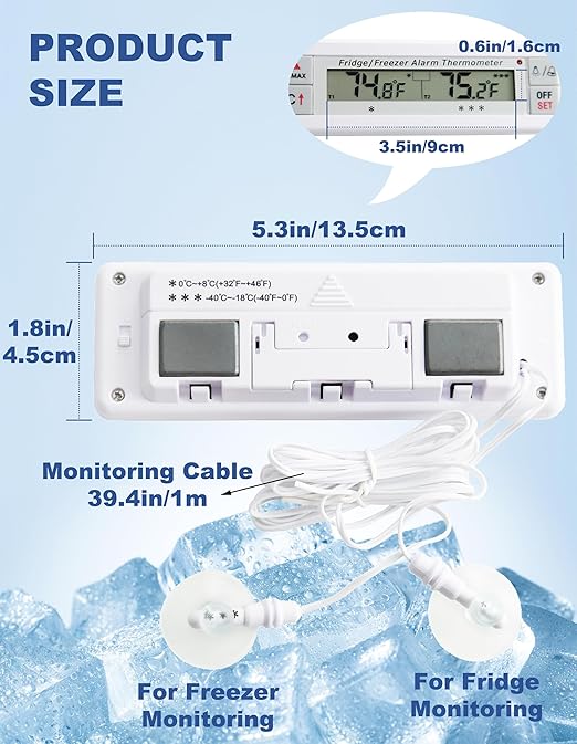 Digital Refrigerator Thermometer 2 Channel Freezer Thermometer with Alarm Sound Reminder Thermometer Fridge with Max/Min Temperature Record Freezer Alarm with Magnetic Back for Home Kitchen