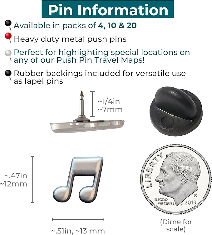 Music Note Push Pins - Silver Musical Note Map Pins for Cork Boards, Maps, or Lapel Use - Designed in USA - Set of 20