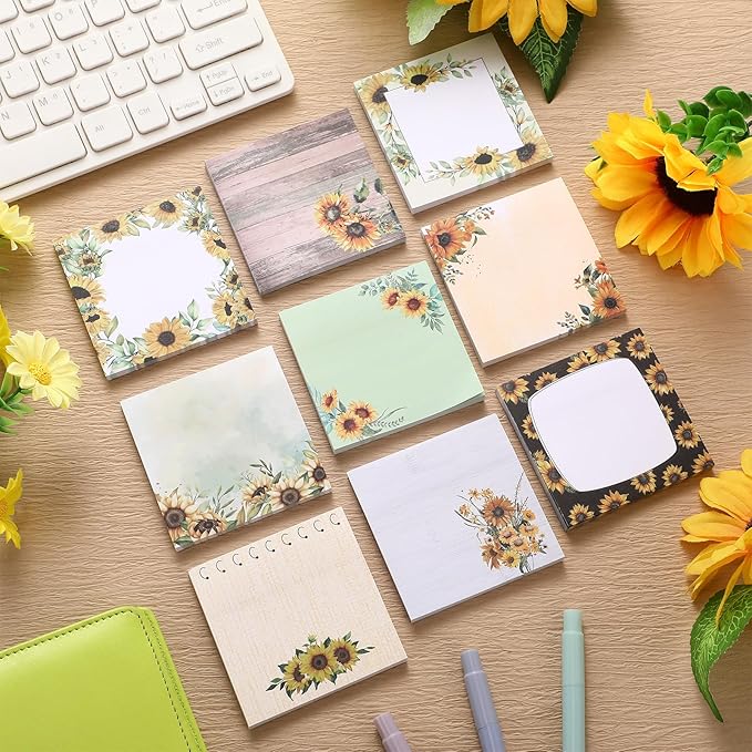 9 Pads Sunflower Sticky Notes Cartoon Self Stick Notepads 3x3 Inches Notes Adhesive Memo Pad Office Decor Gifts for Students School Teacher Office Meeting