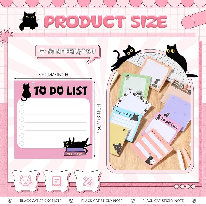 9 Pads Black Cat Sticky Notes 3x3 Inch Cute Self Stick Notepads Notes Adhesive Memo Pad Office Decor Gifts for Students School Teacher Meeting Office Supplies