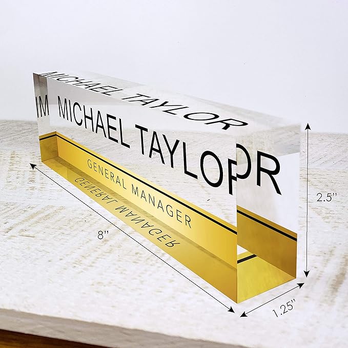 Artblox Personalized Name Plate for Desk | Gold Stripe On Clear Acrylic Glass | Custom Desk Name Plate Personalized with Name and Credentials for Teacher Phd Military Office Name Plate (8" X 2.5")