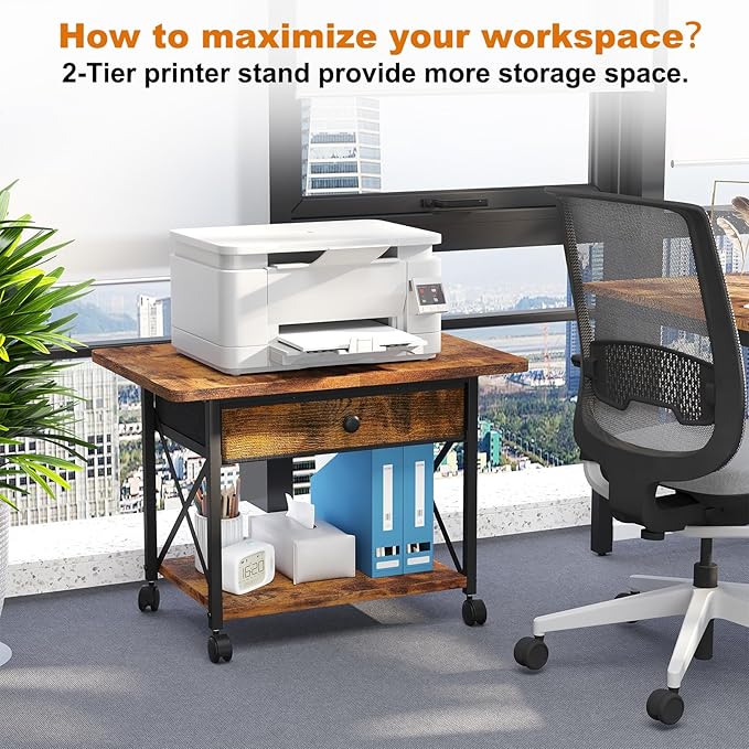 EasyCom 23.6" x 15.7" Under Desk Printer Stand with Storage Drawer, 2-Tier Shelf Desktop Printer Table for Desk with Wheels, Large Rolling Cart for Home Office Fits 3D Printer Scanner Rustic Brown