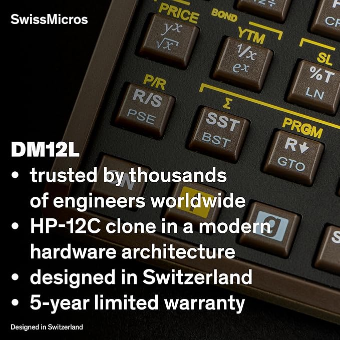 SwissMicros DM12L RPN Financial Calculator – HP 12C Inspired | Titanium Shell | TVM, NPV, IRR & Bonds | USB | Professional Gold Class