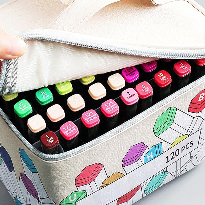Sorandy Marker Case 120 Storage Holders, PU Leather Art Pen Organizer with Large Opening and Carry Handle for Markers Pencils Lipstick Mascara Travel