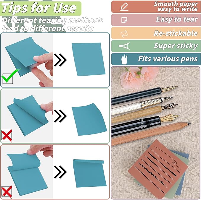 60 Pack Vintage Sticky Notes 3x3 12 Retro Colors Posted Note Adhesive Paper Memo Pads 56 Sheets/Pad Self-Stick Note Bulk Easy to Stick for Back to School Teacher Student, Office Supplies