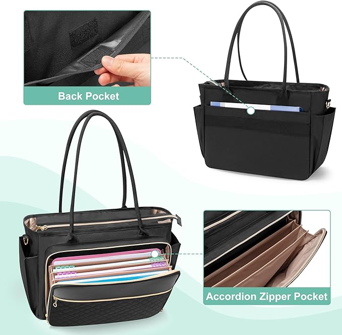 LUXJA Teacher Tote Bag with Accordion File Pocket, Teacher Bag for Women with 15.6 Inch Laptop Compartment, Black