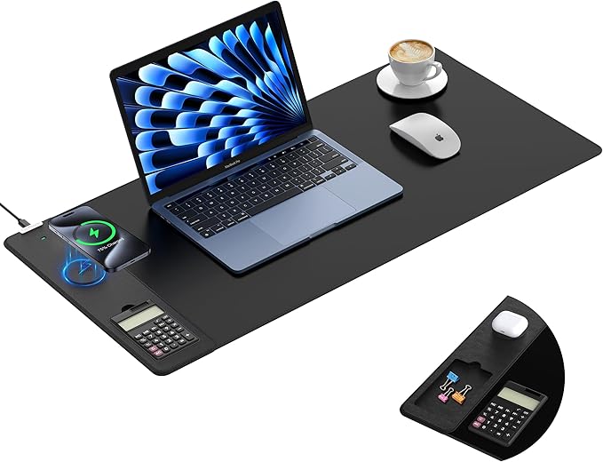 TopMade Mouse Pad with 15W Wireless Charging, Removable 8-Digit Solar Calculator, 31.5" x 15.75" XXL Large Desk Pad, Gaming Computer Keyboard Pad, Waterproof Mousepad Home Office Desk Mat, Black