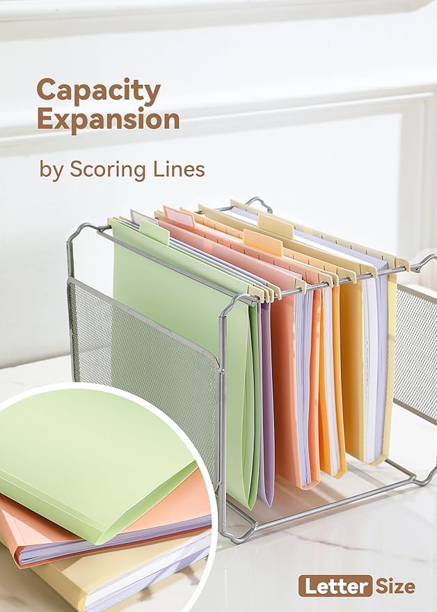Plastic Hanging File Folders Letter Size, 12 Pack Pastel Hanging Folders, with Insertable 1/5-Cut Tabs for Filing Cabinets