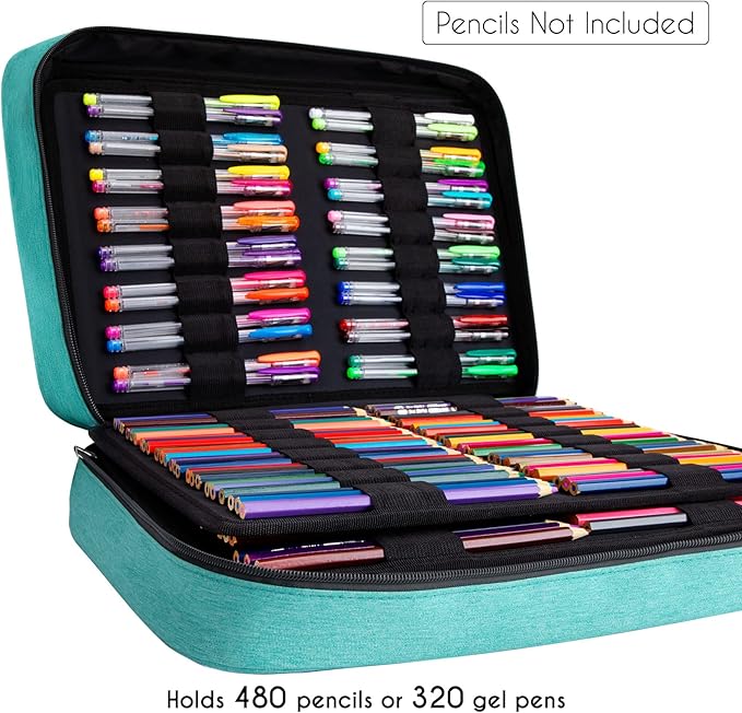YOUSHARES Organizer Color Pencil 480 Slots - Pen Case Organizer with Handy Wrap & Zipper, Multilayer Holder for Prismacolor Colored Pencils & Gel Pen (Green)