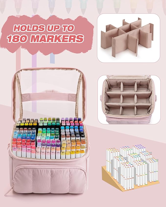 Quilted Marker Organizer Case Holds 180 Markers, Marker Storage Organizer Bag with Dividers and Multiple Pockets (Bag Only), Pink