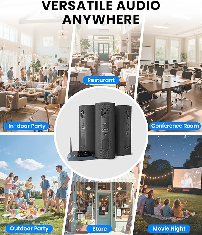 Avantree Harmony A1 – Auracast Multi-Room Wireless Speaker with 100 m Coverage, 3 EQ Stereo Sound, Expandable System, Easy Setup, Bluetooth/Opt/AUX Input for Music, Parties & House Gatherings