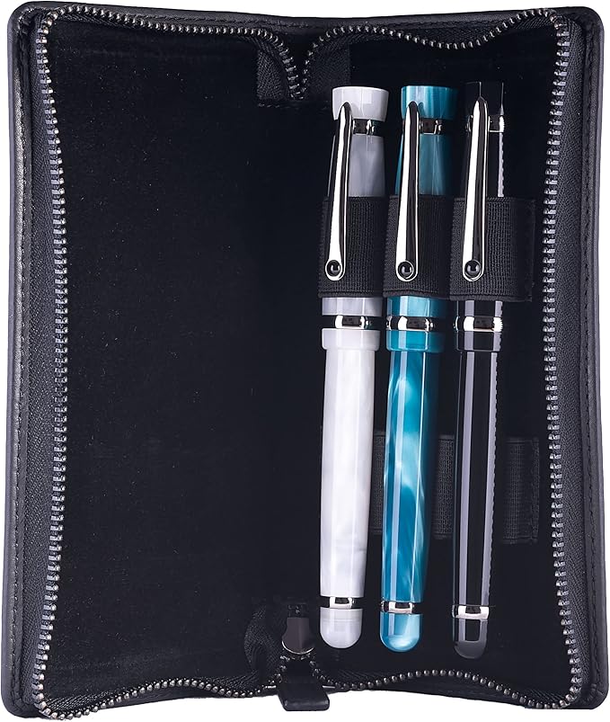 DiLoro Leather Zippered Triple or Quad Pen Case Pencil Pouch Holder for Three or Four Fountain Ballpoint Rollerball Pens or Glasses (Nappa Black)