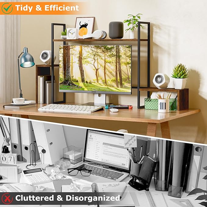 WelFurGeer LED Desk Shelf Organizer with RGB Light Strip, 2-Tier Desktop Shelf for Computer Monitor, Sturdy Metal Frame & Wood Shelves - Desk Hutch Bookshelf for Home Office, Dorm, Gaming (Brown)