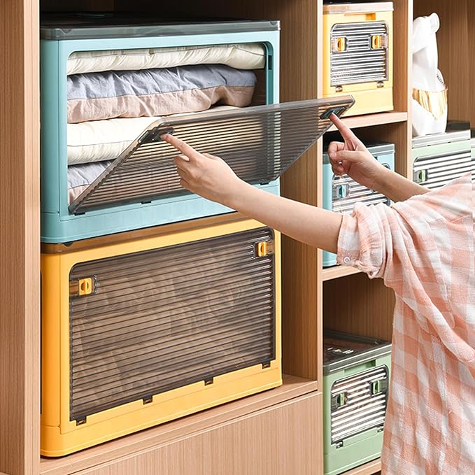 3 PACK Stackable Storage Bins, 50 Liters Closet Organizers with 3 Lids, Wheels, Drawers, Foldable Collapsible Box for Clothes and Camping Out Doors Bins, Green