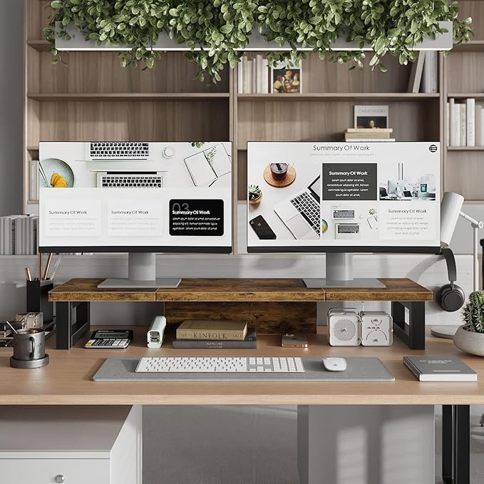 WESTREE Dual Monitor Stand Riser, Wood and Steel Monitor Stand Riser, Computer Monitor Stand for 2 Monitors, Multi-Purpose Desktop Storage Stand for Computer,Laptop,Printer,TV