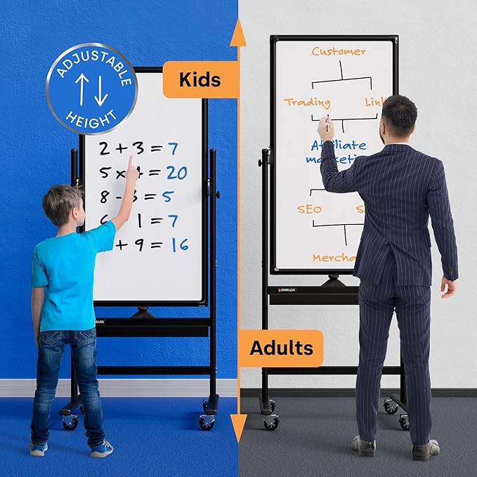 Rolling Dry Erase Board 24 x 48 - Large Portable Magnetic Whiteboard with Stand - Double Sided Easel Style Whiteboard with Wheels - Mobile Standing White Board for Office, Classroom & Home