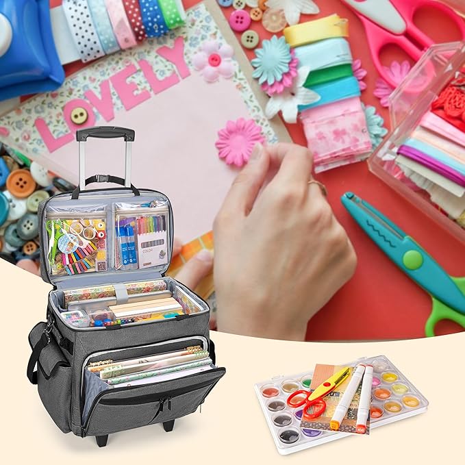 Trunab Rolling Scrapbook Tote with Expandable File Pocket, Large Craft Organizer and Storage Bag with Detachable Trolley for Scrapbooking Supplies and Art Tools (Patented Design)